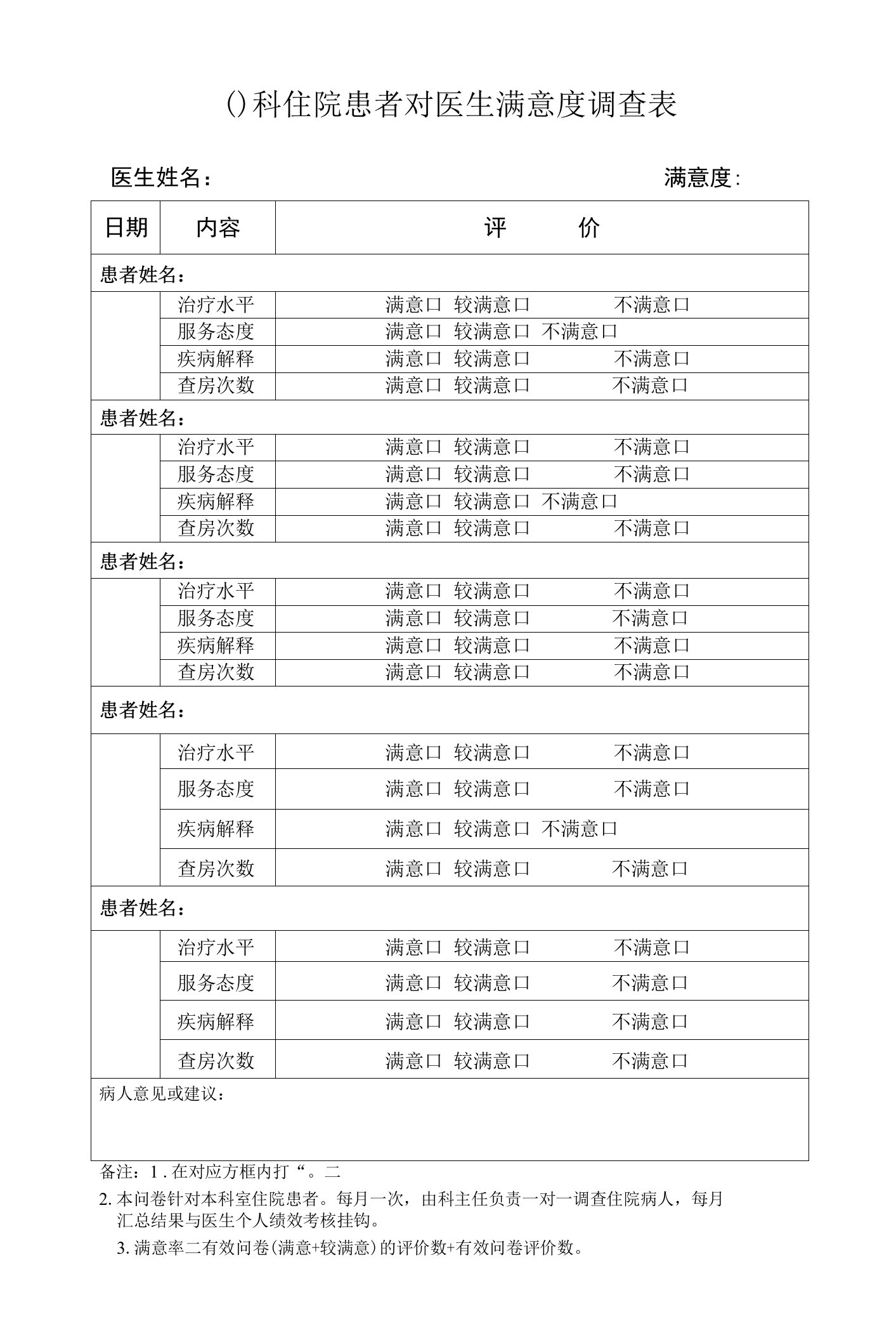 医院住院患者对医生护士满意度调查表