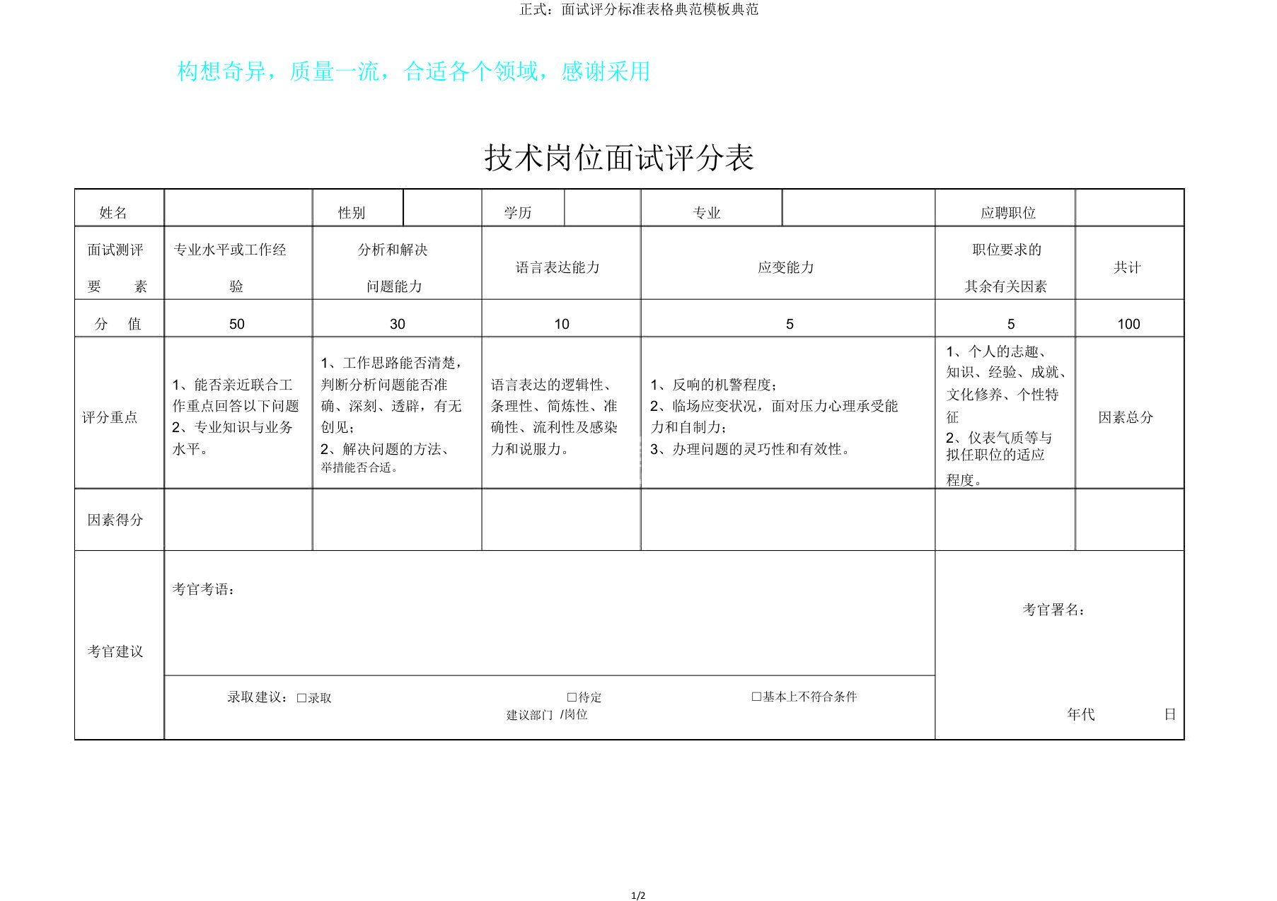 正式面试评分标准表格范例模板范例