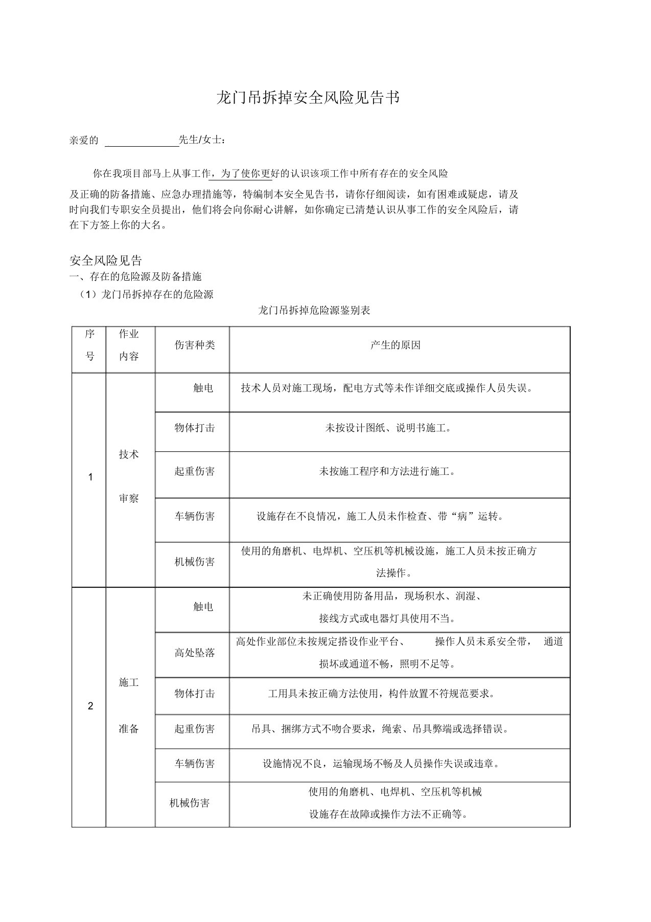 龙门吊拆除安全风险告知书