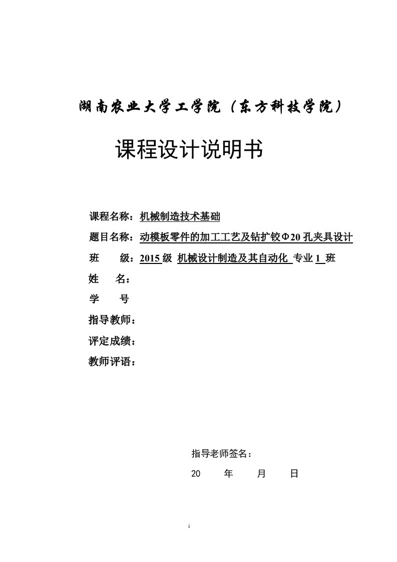 机械制造技术课程设计-动模板零件工艺及钻φ20孔夹具设计（全套图纸）