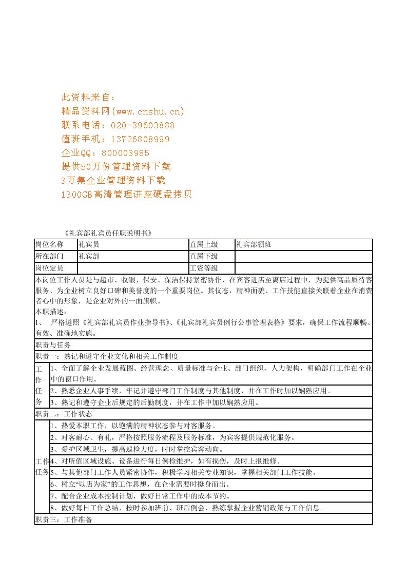 餐饮企业礼宾部礼宾员岗位说明