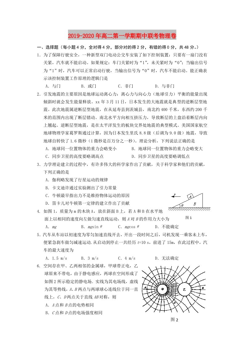 2019-2020年高二第一学期期中联考物理卷