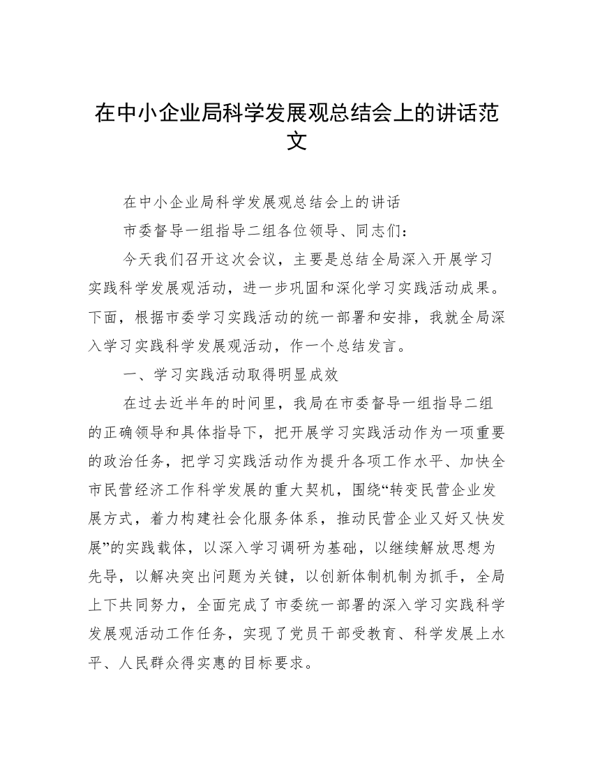 在中小企业局科学发展观总结会上的讲话范文