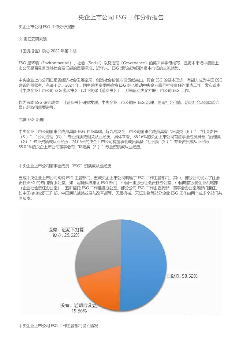 央企上市公司ESG工作分析报告