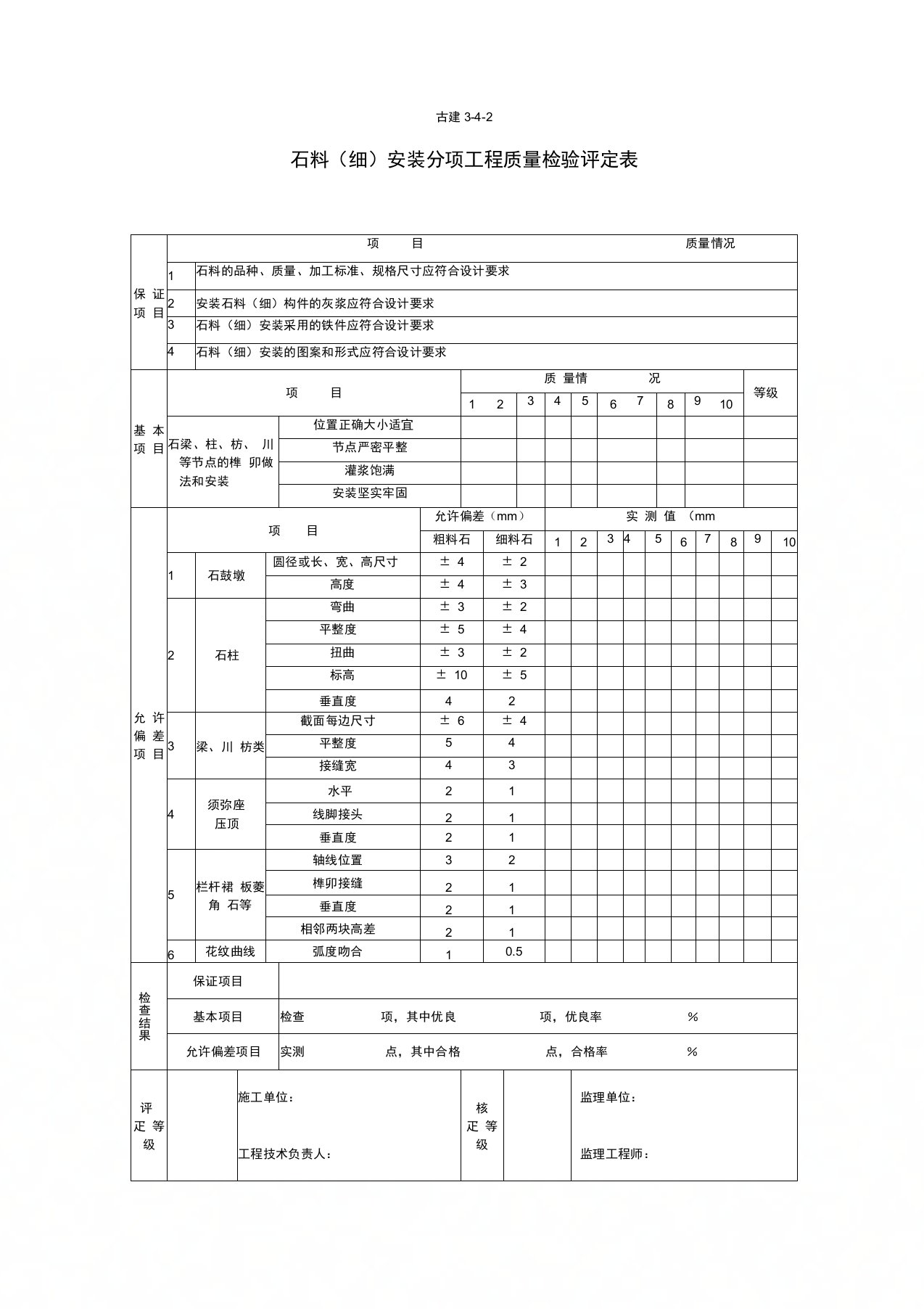 石料细安装分项工程质量检验评定表