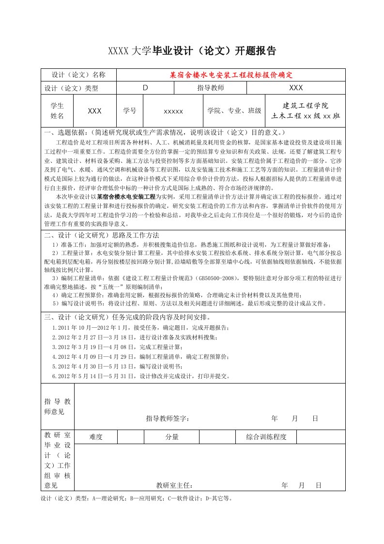 安装工程造价毕业设计开题报告