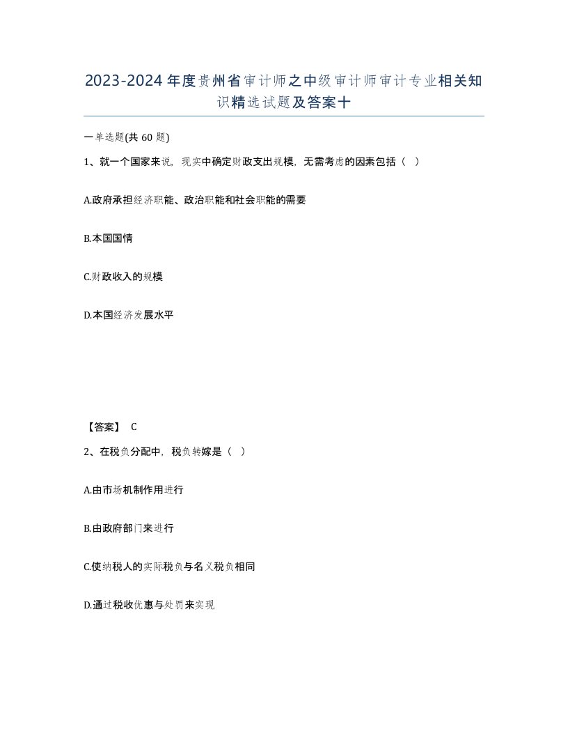 2023-2024年度贵州省审计师之中级审计师审计专业相关知识试题及答案十