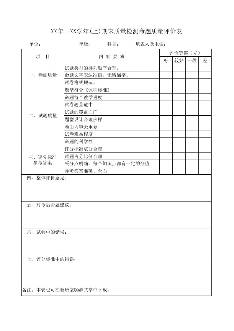 试卷命题评价表及质量分析表