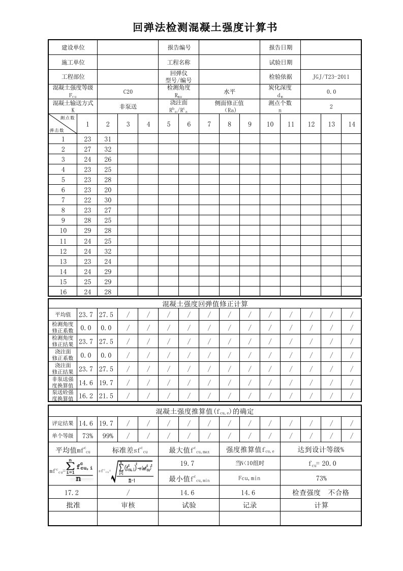 回弹法测混凝土强度换算表