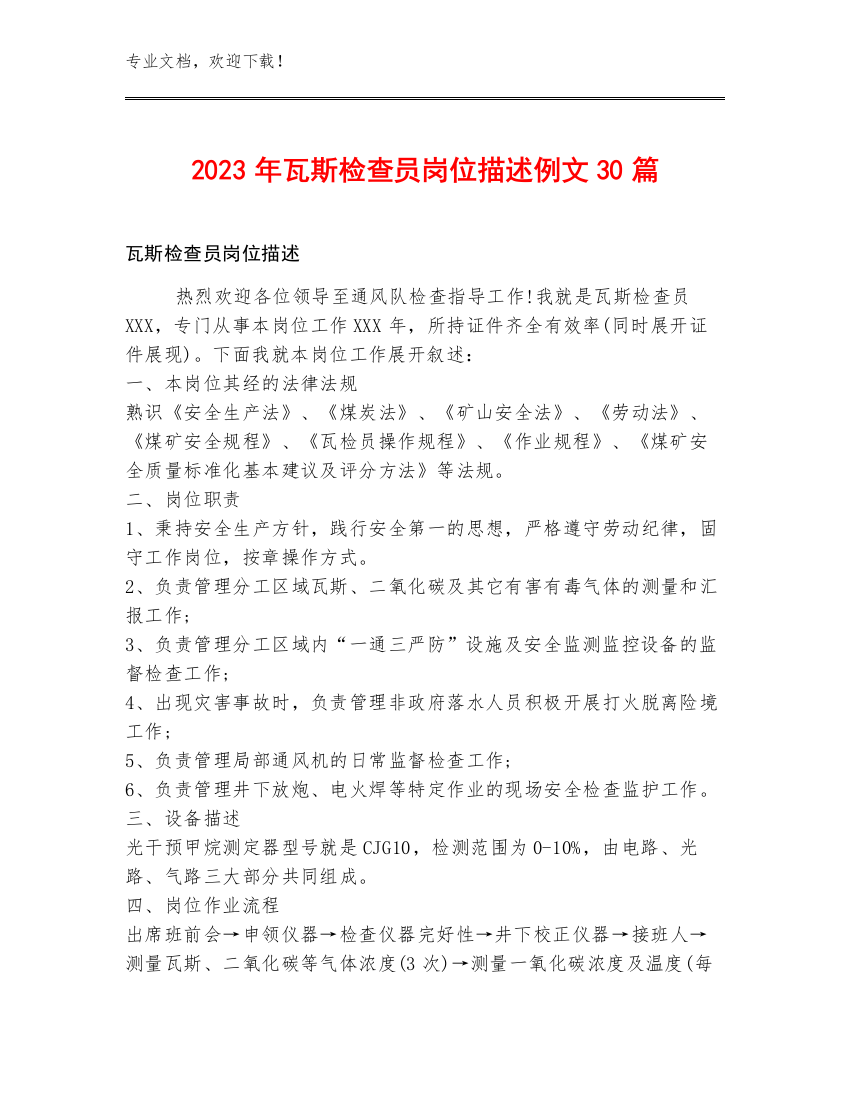 2023年瓦斯检查员岗位描述例文30篇