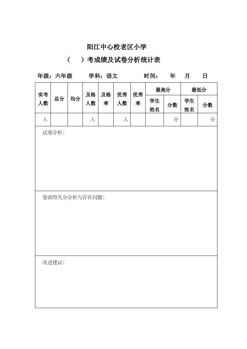 阳江中心校老区小学成绩分析表