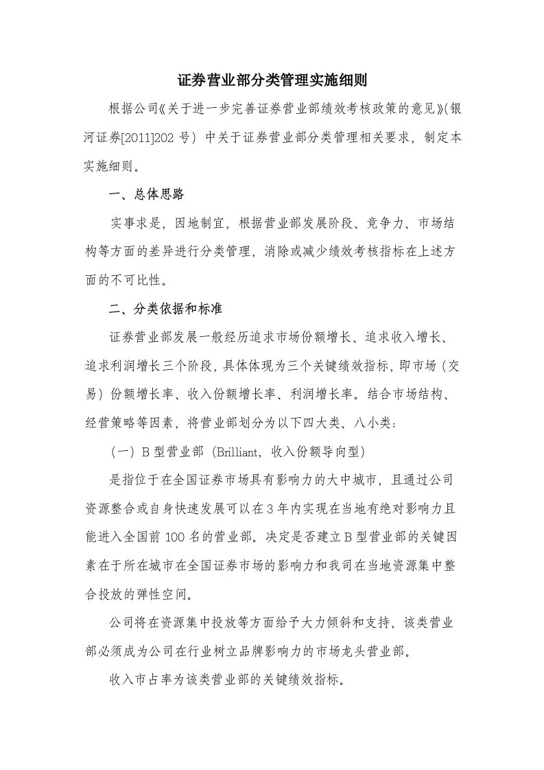 证券营业部分类管理实施细则