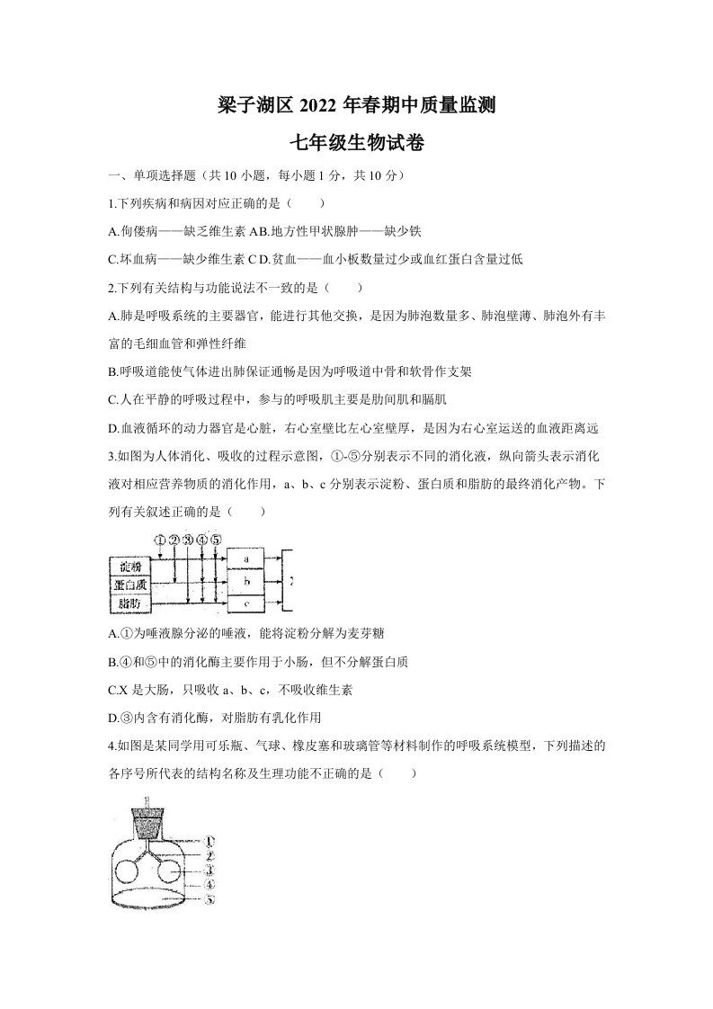 2022年湖北省鄂州市梁子湖区七年级下学期期中生物试卷（含答案）