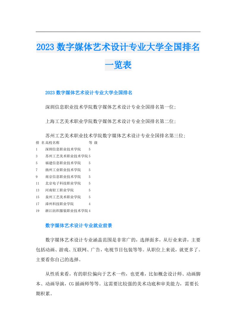 数字媒体艺术设计专业大学全国排名一览表