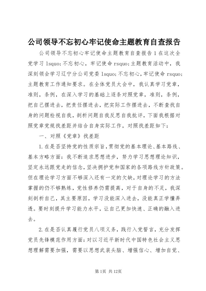 公司领导不忘初心牢记使命主题教育自查报告