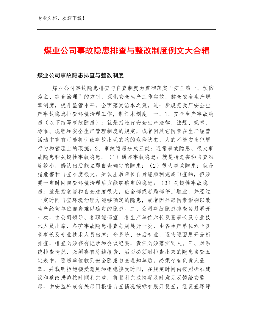 煤业公司事故隐患排查与整改制度例文大合辑