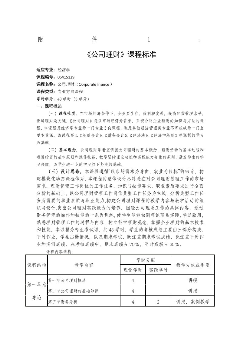 公司理财课程标准