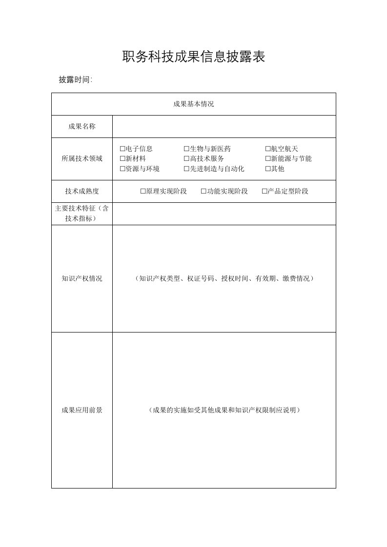 职务科技成果信息披露表