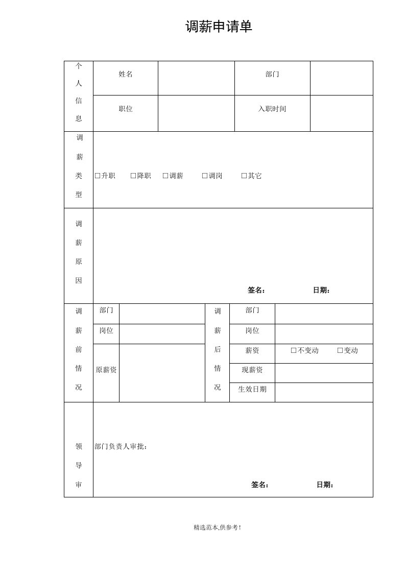 员工调薪申请单