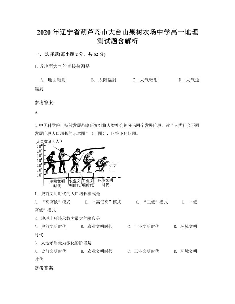 2020年辽宁省葫芦岛市大台山果树农场中学高一地理测试题含解析