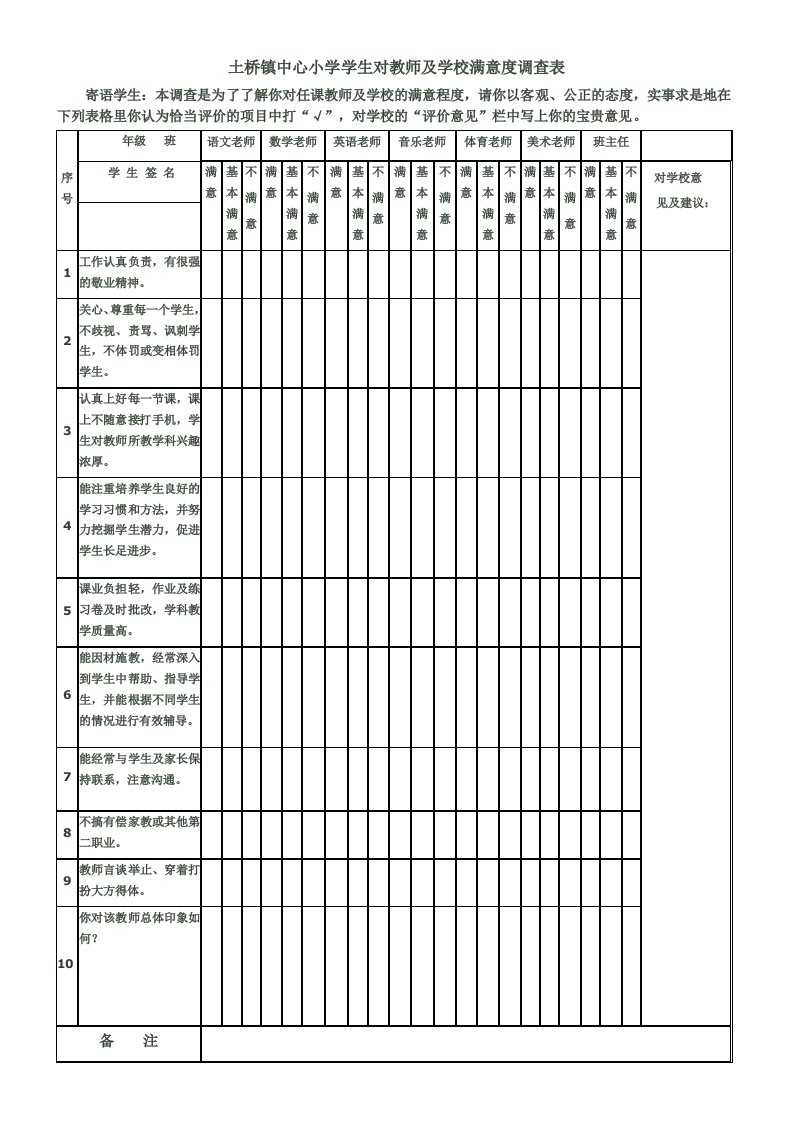 学生对教师满意度调查表