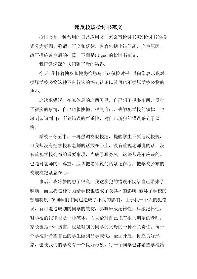 违反校规检讨书范文