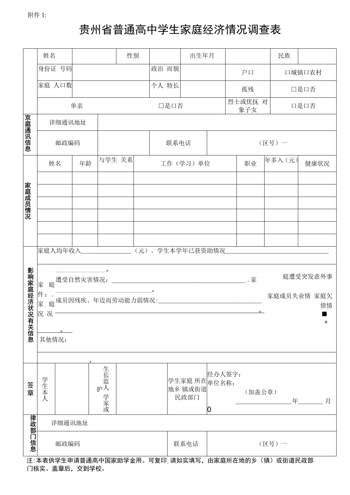 贵州普通高中助学金申请表(附件1-附件2)