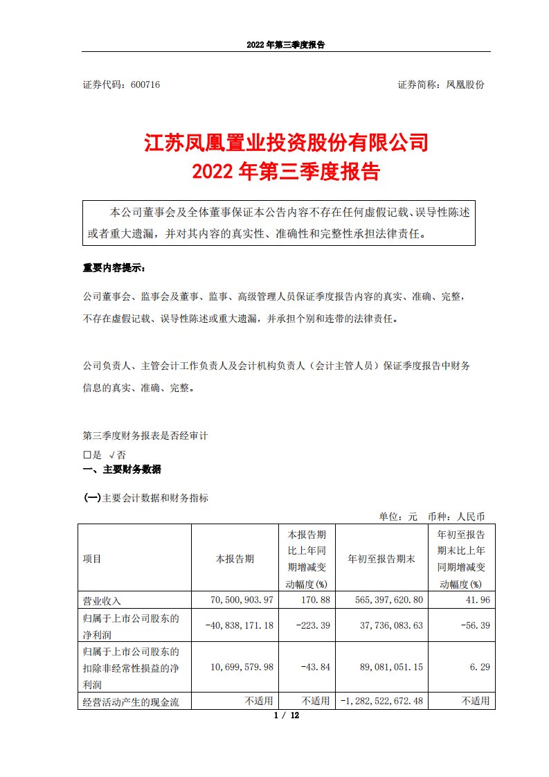 上交所-凤凰股份2022年第三季度报告-20221025