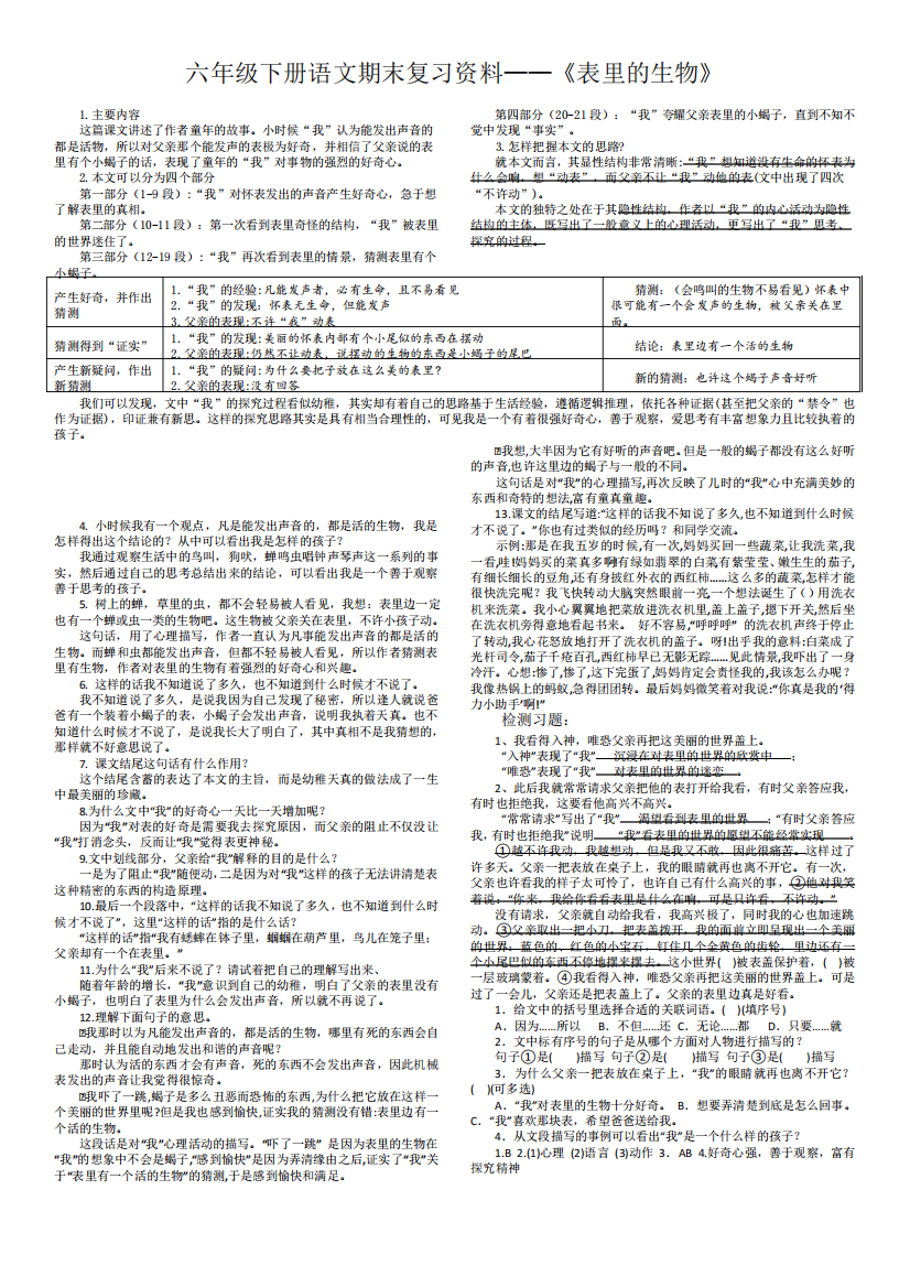 六年级下册语文期末复习资料——《表里的生物》