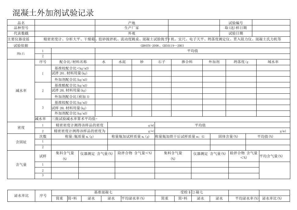 混凝土外加剂试验原始记录