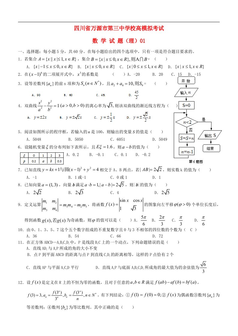 四川省万源市高三数学第一次模拟考试试题