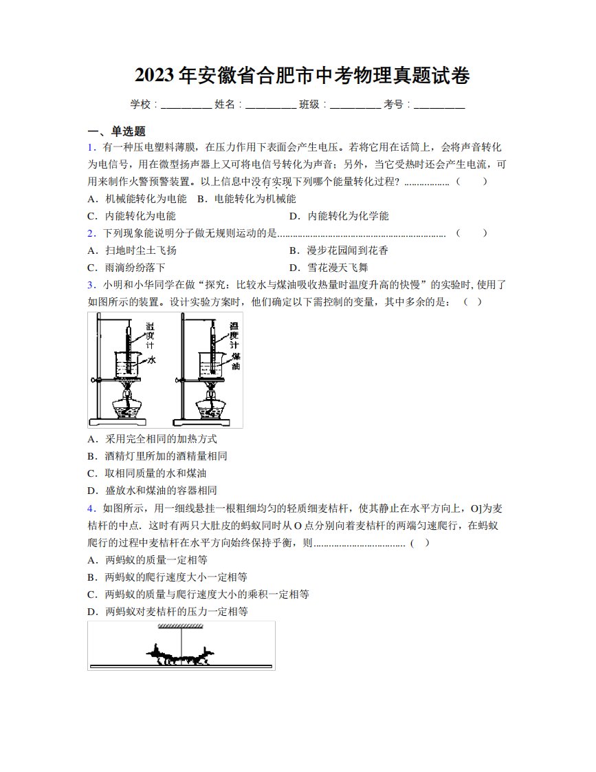 最新2023年安徽省合肥市中考物理真题试卷及解析