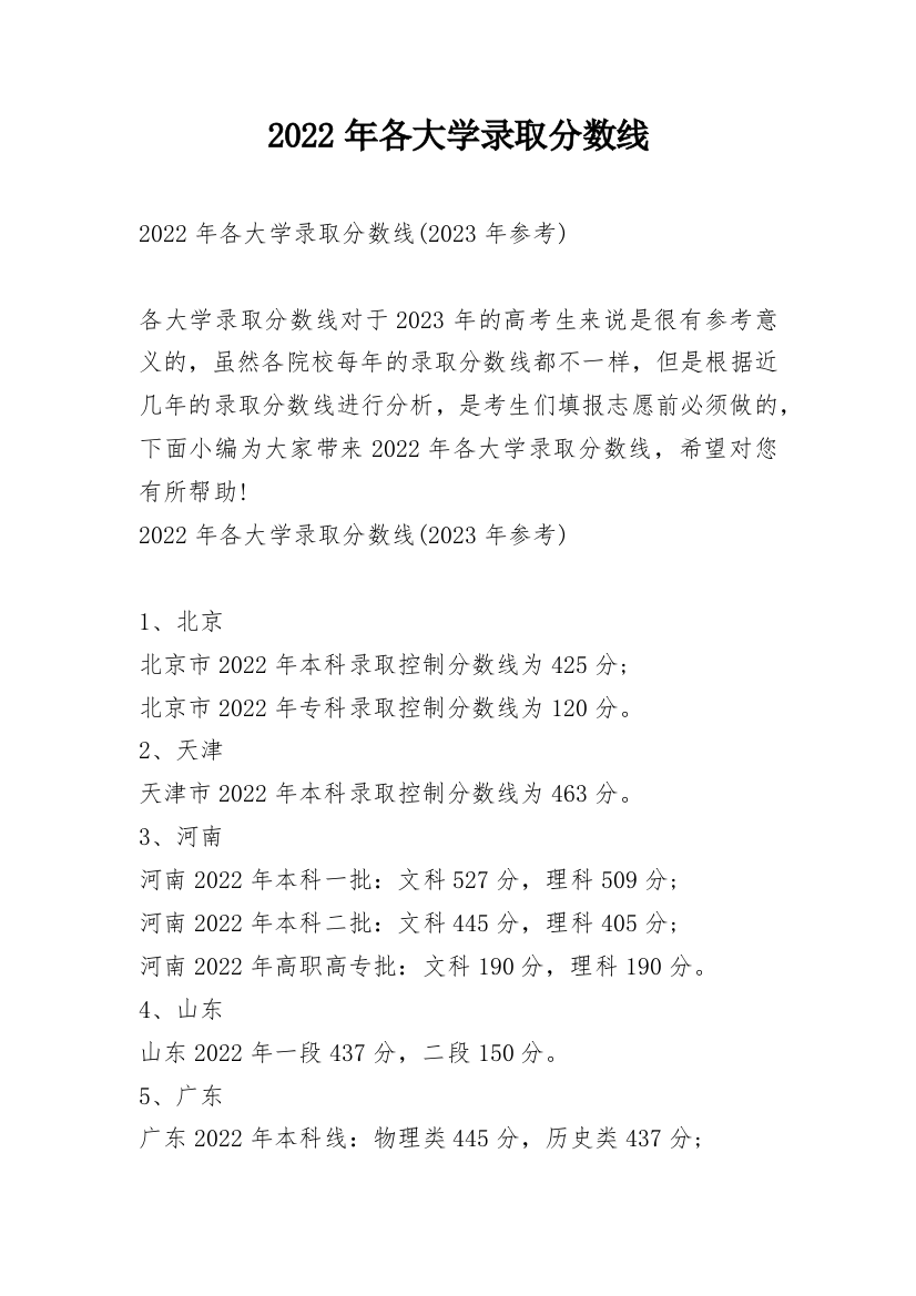 2022年各大学录取分数线