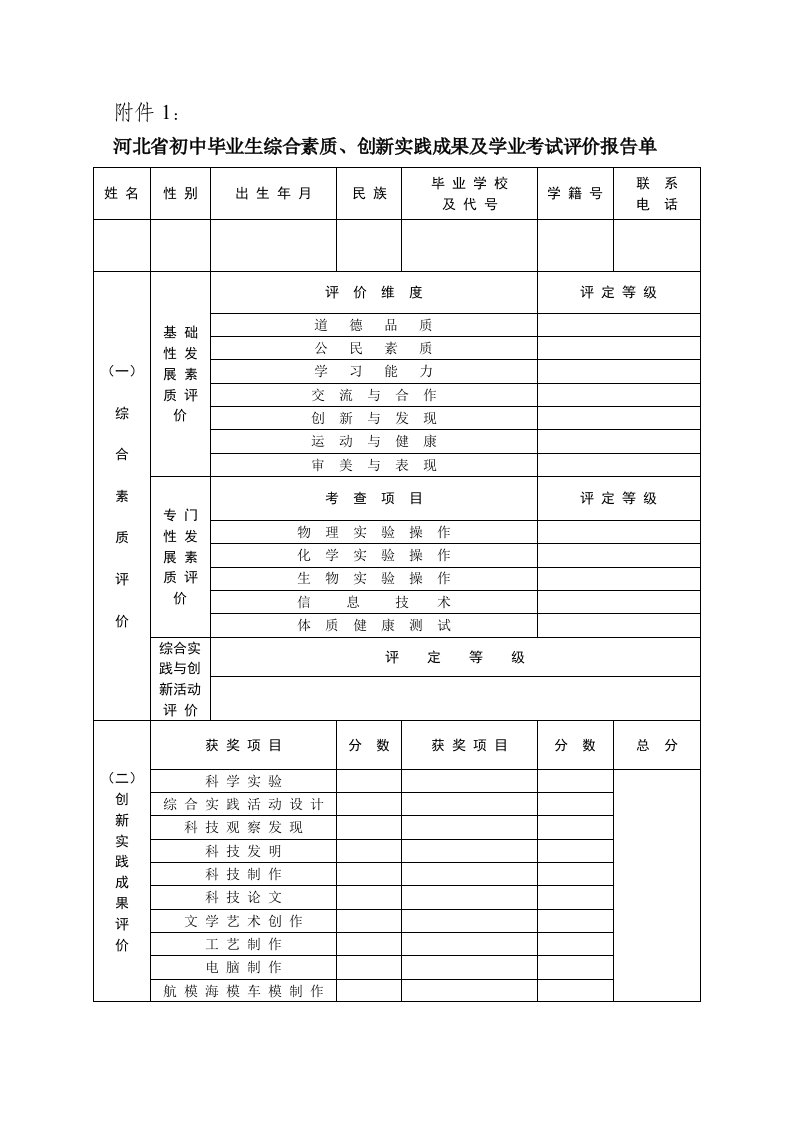 河北省初中生基础性发展素质评价报告书