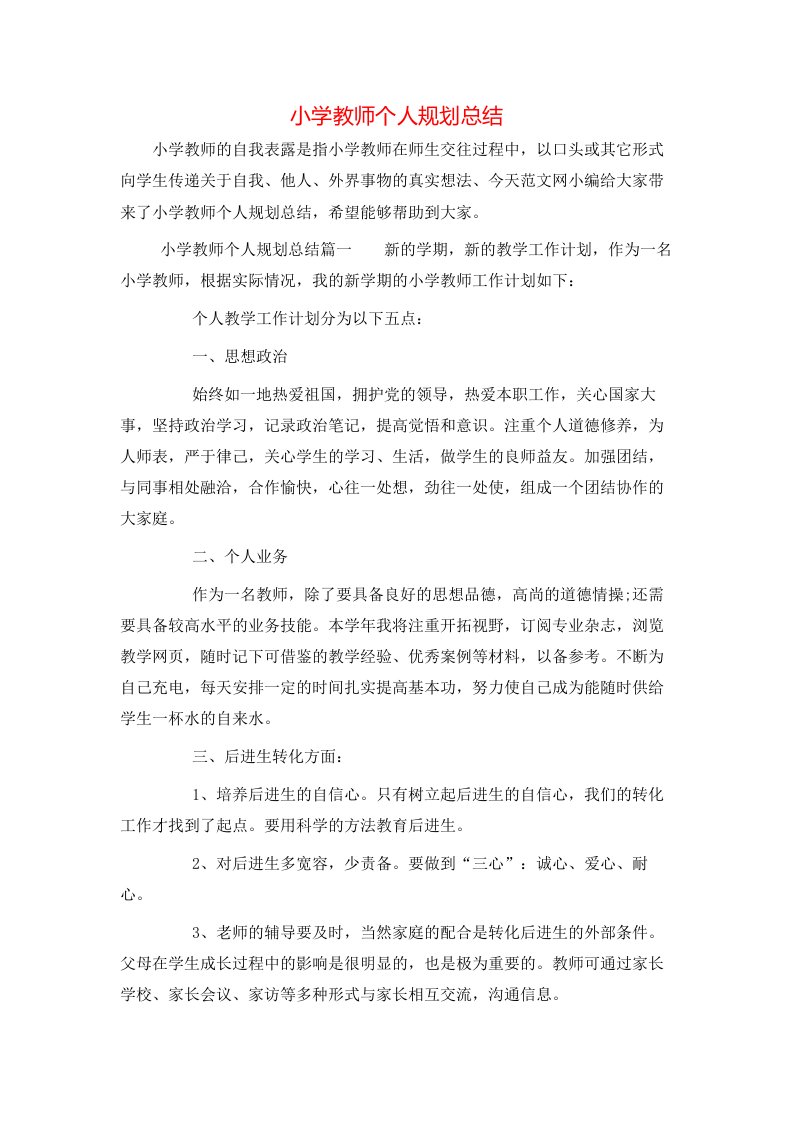 小学教师个人规划总结