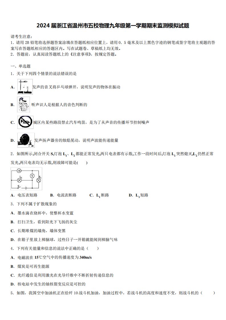 2024届浙江省温州市五校物理九年级第一学期期末监测模拟试题含解析9456