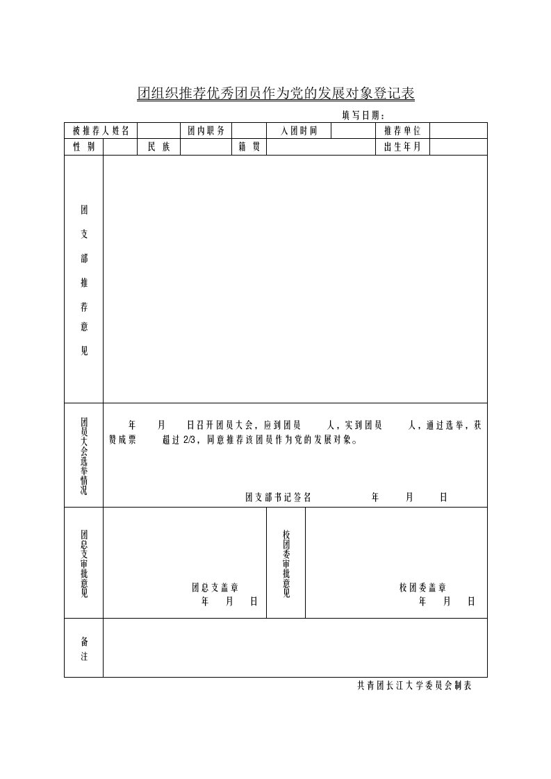 团组织推荐优秀团员作为党的发展对象登记表