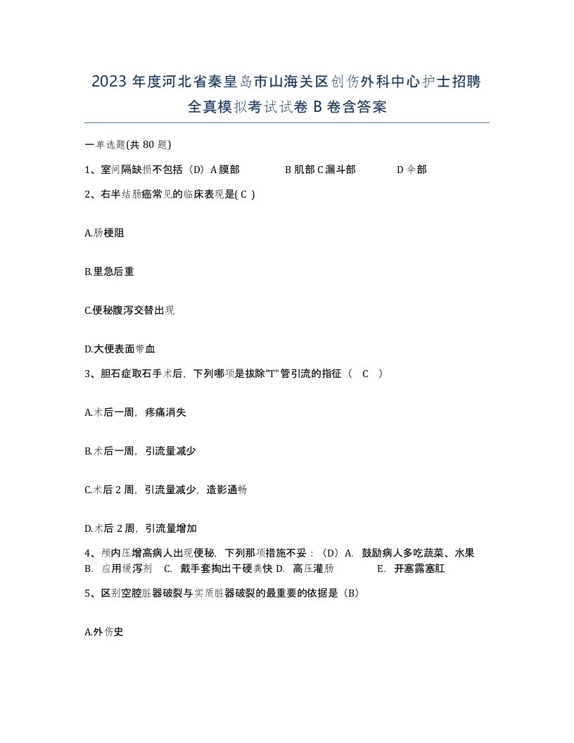 2023年度河北省秦皇岛市山海关区创伤外科中心护士招聘全真模拟考试试卷B卷含答案