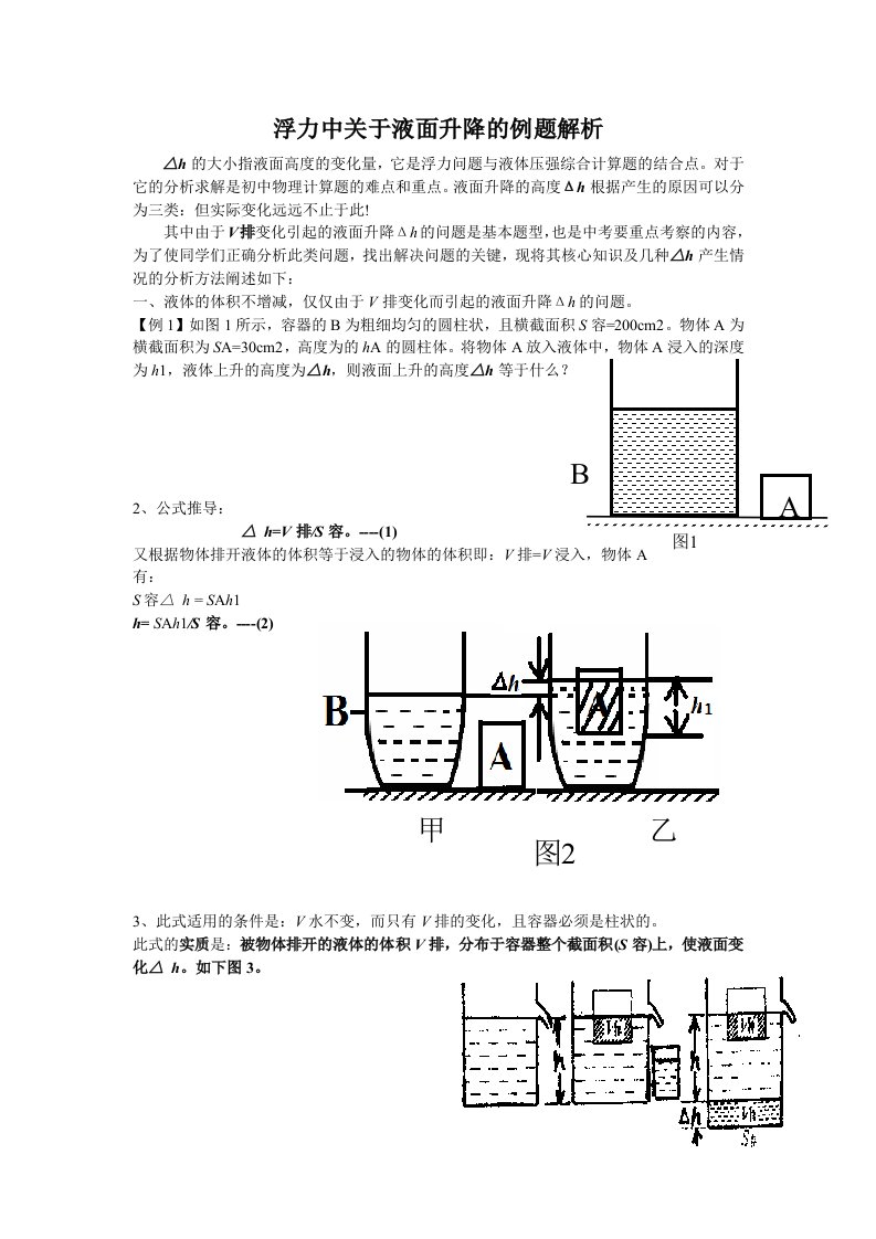 北京中考浮力题之液面升降Δh解析及相关练习(教师用)