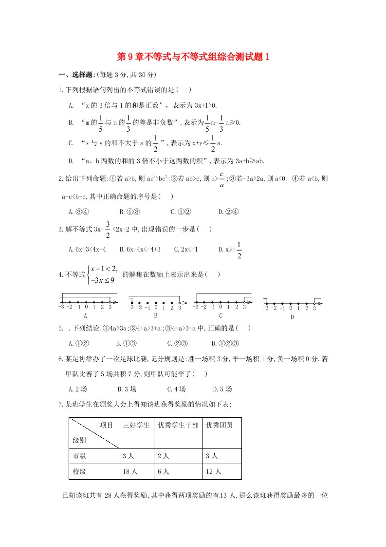 山东省七年级数学下册第9章《不等式与不等式组》检测1（新版）新人教版