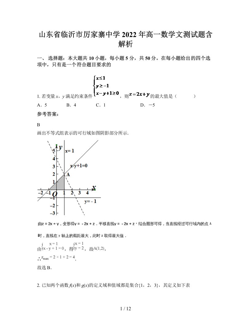 山东省临沂市厉家寨中学2022年高一数学文测试题含解析