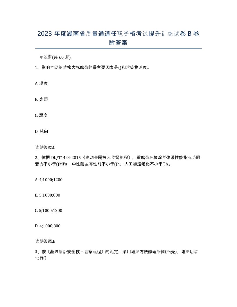 2023年度湖南省质量通道任职资格考试提升训练试卷B卷附答案