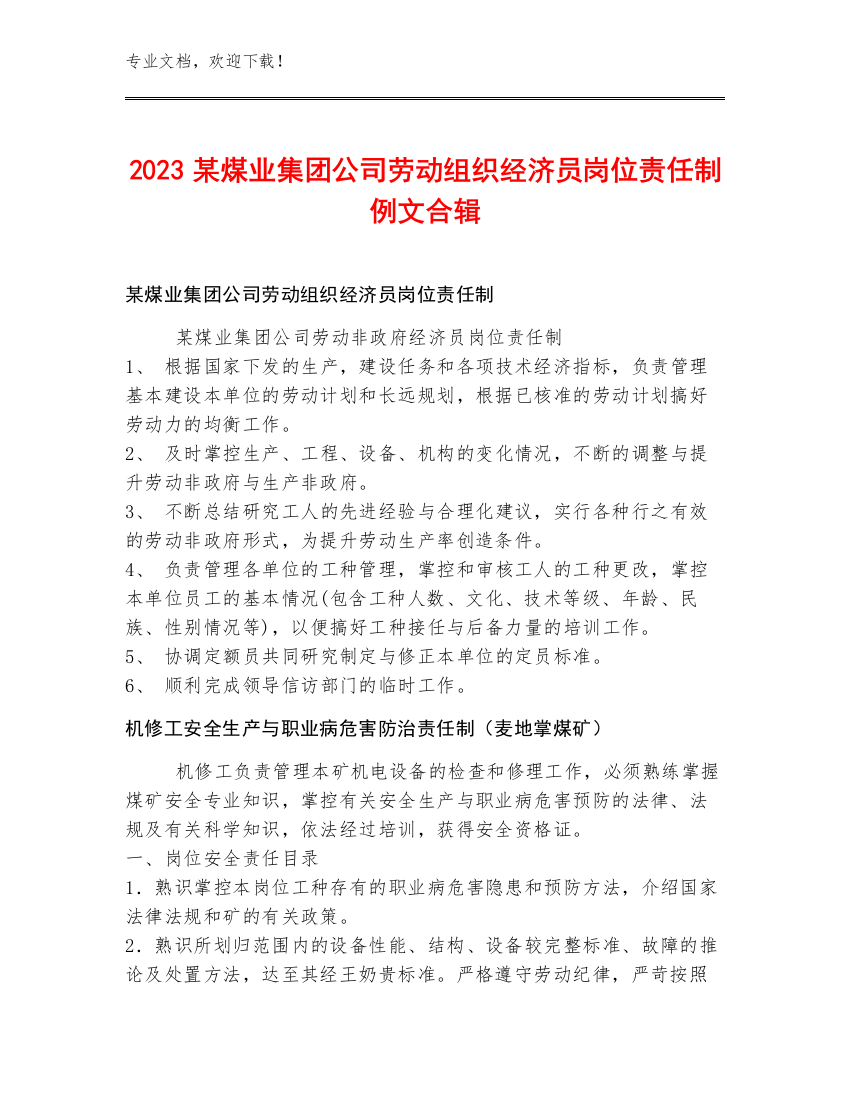 2023某煤业集团公司劳动组织经济员岗位责任制例文合辑