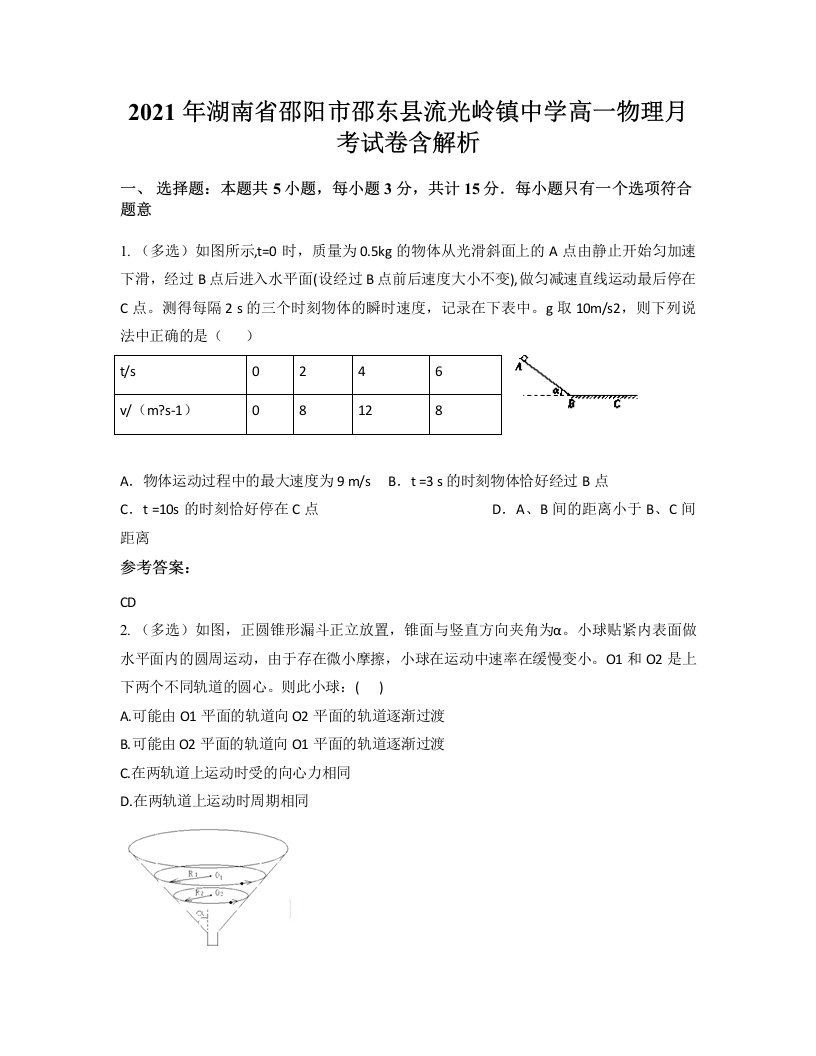 2021年湖南省邵阳市邵东县流光岭镇中学高一物理月考试卷含解析