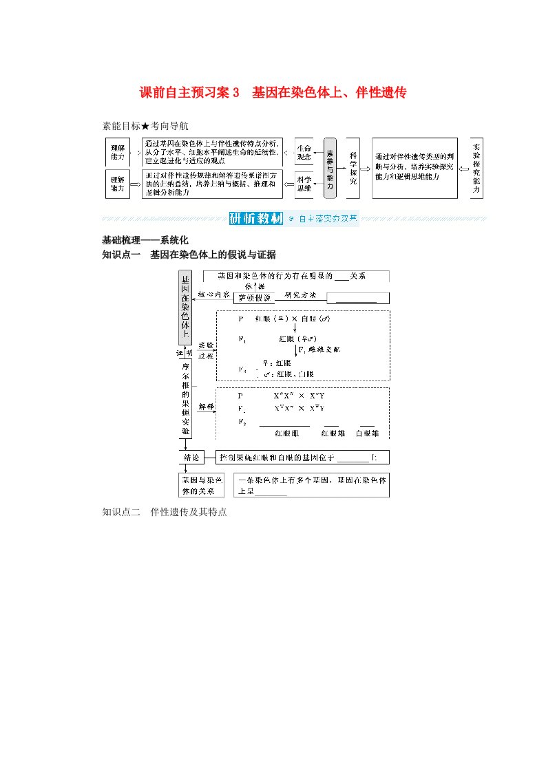 2024版新教材高考生物全程一轮总复习第五单元遗传的基本规律课前自主预习案3基因在染色体上伴性遗传