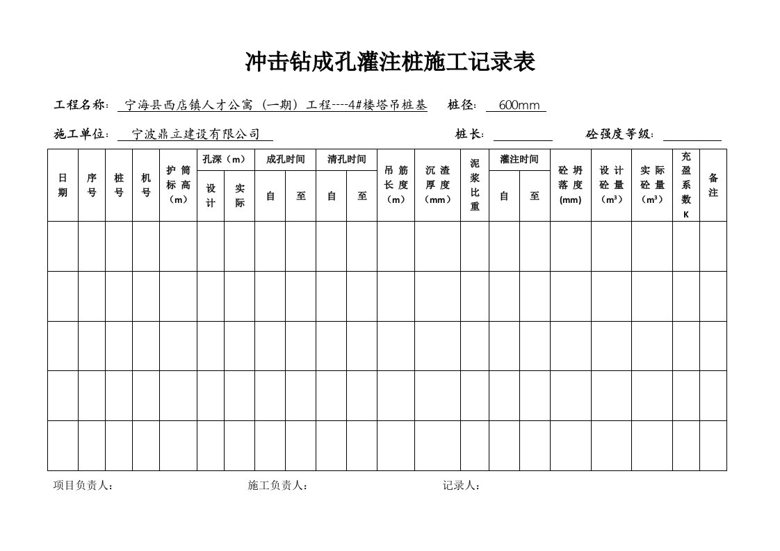 溷凝土灌注桩施工记录