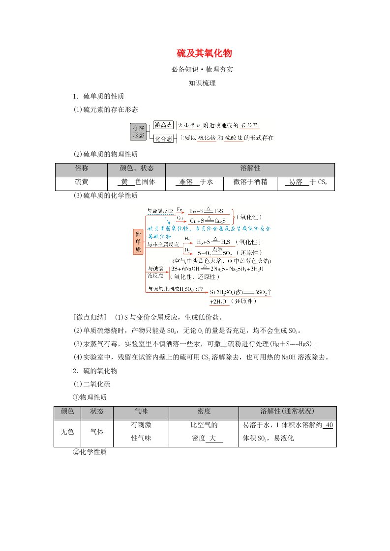 2025版高考化学一轮总复习教师用书第4章非金属及其化合物第12讲硫及其重要化合物考点一硫及其氧化物