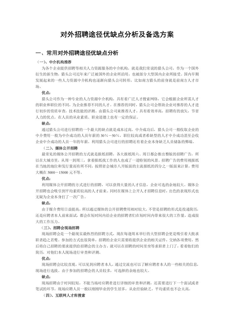 精品文档-对外招聘途径优缺点分析及备选方案