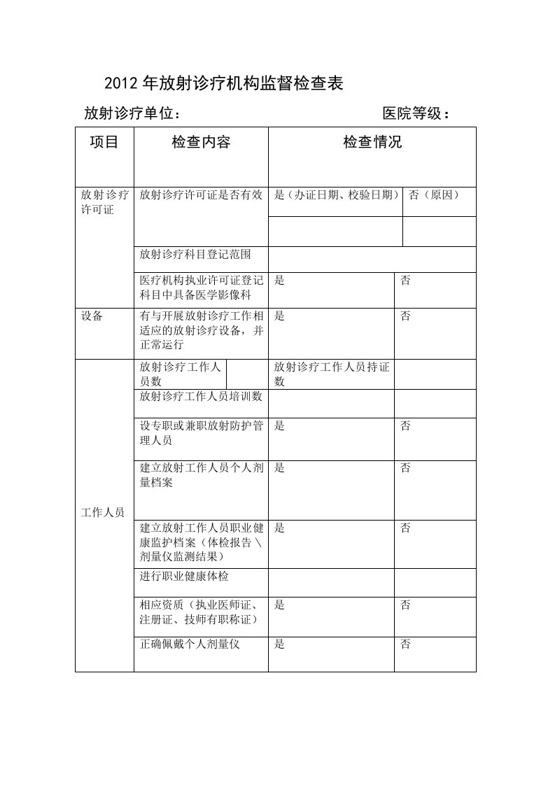 2012年放射诊疗监督检查表格