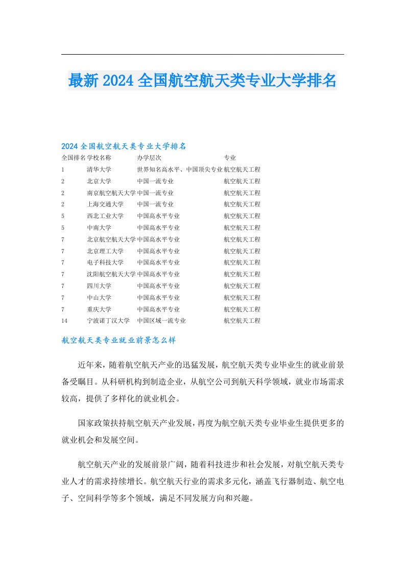 最新2024全国航空航天类专业大学排名